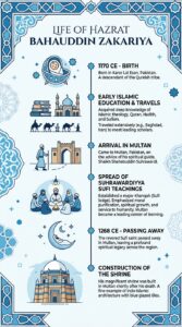 Infographic showing the architecture of the Shrine of Bahauddin Zakariya: white dome, blue glazed tiles, red brick walls, Islamic arches and calligraphy