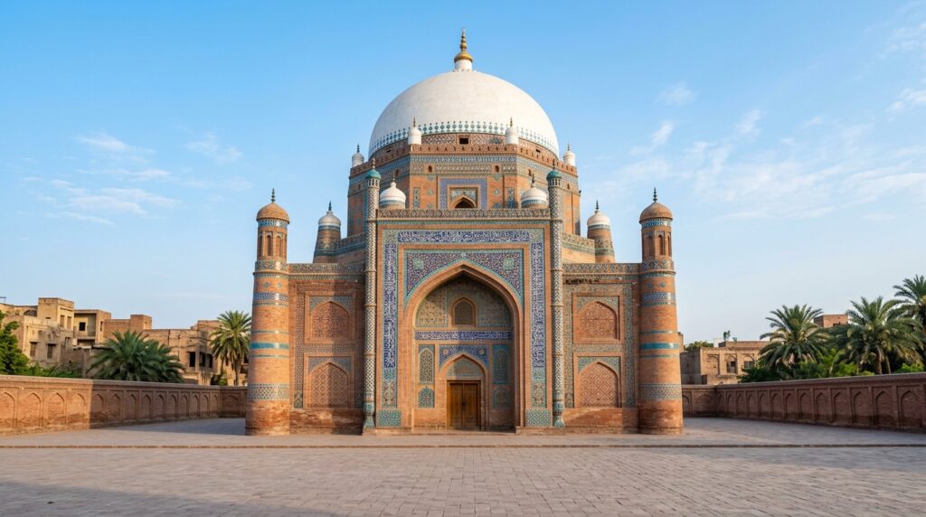 Shrine of Bahauddin Zakariya in Multan, Pakistan – white dome and blue tiled facade at golden hour